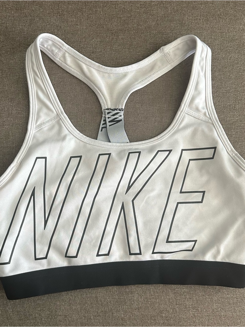 Nike White Racerback Sports Bra with Black Underband and Outline Logo